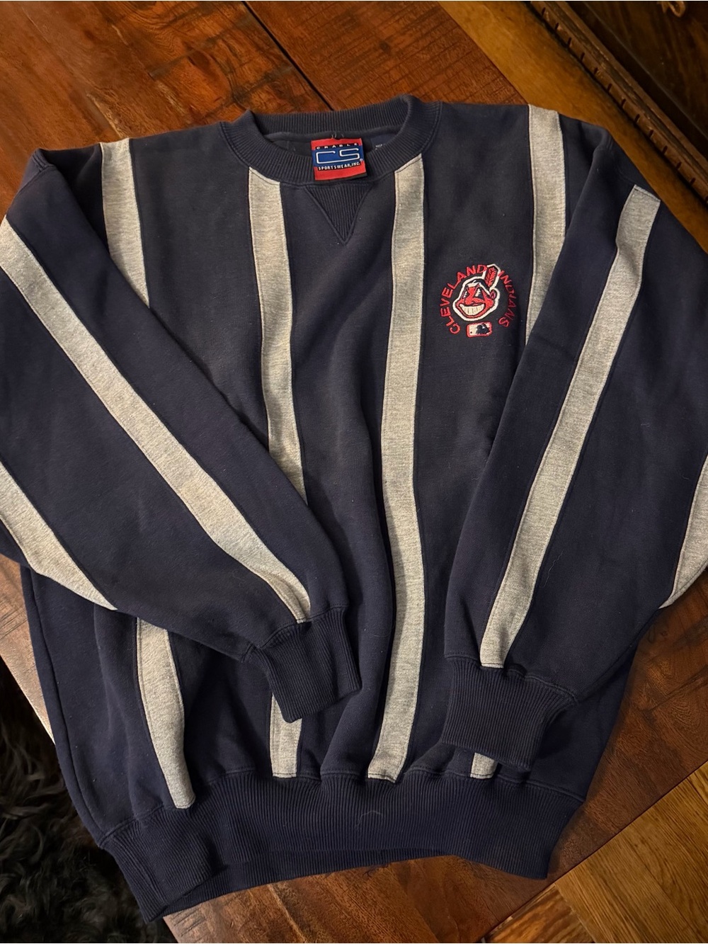 Cleveland Indians Navy Striped Crewneck Sweatshirt Vintage Crable